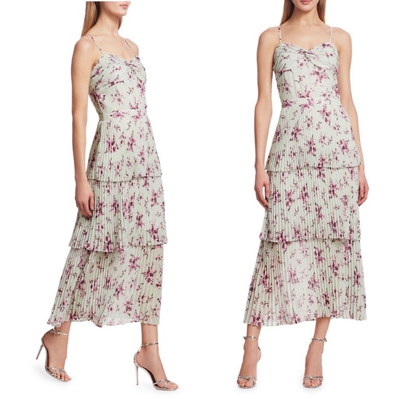 ML Monique Lhuillier Tiered Pleated Dress Floral Sweetheart Neckline Size 2
